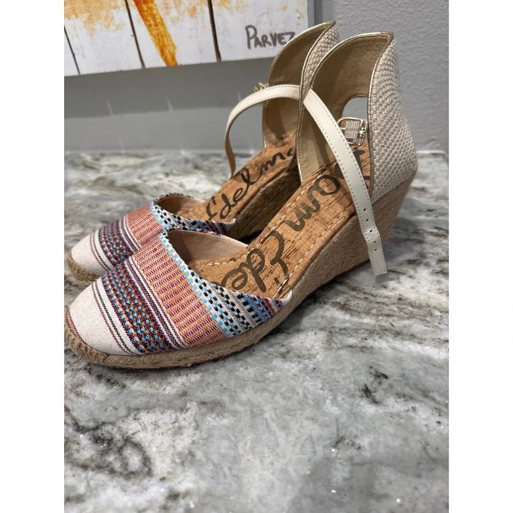 Sam Edelman Payton Espadrille Wedge sandal  striped upper cork jute wedge NWOT 9